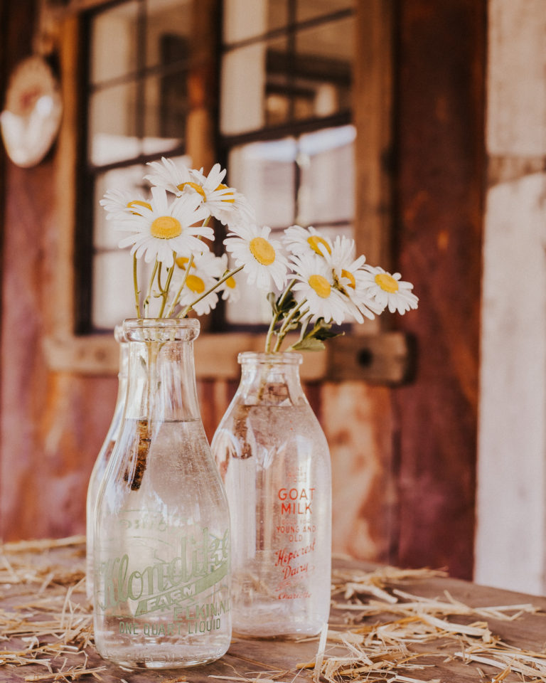 Styling the barn porch for fall using vintage milk bottles found at a flea market.
