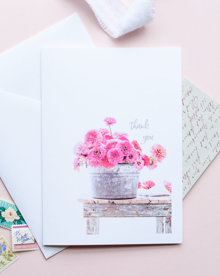 Greeting Card | Vintage Bucket filled with pink zinnias.
