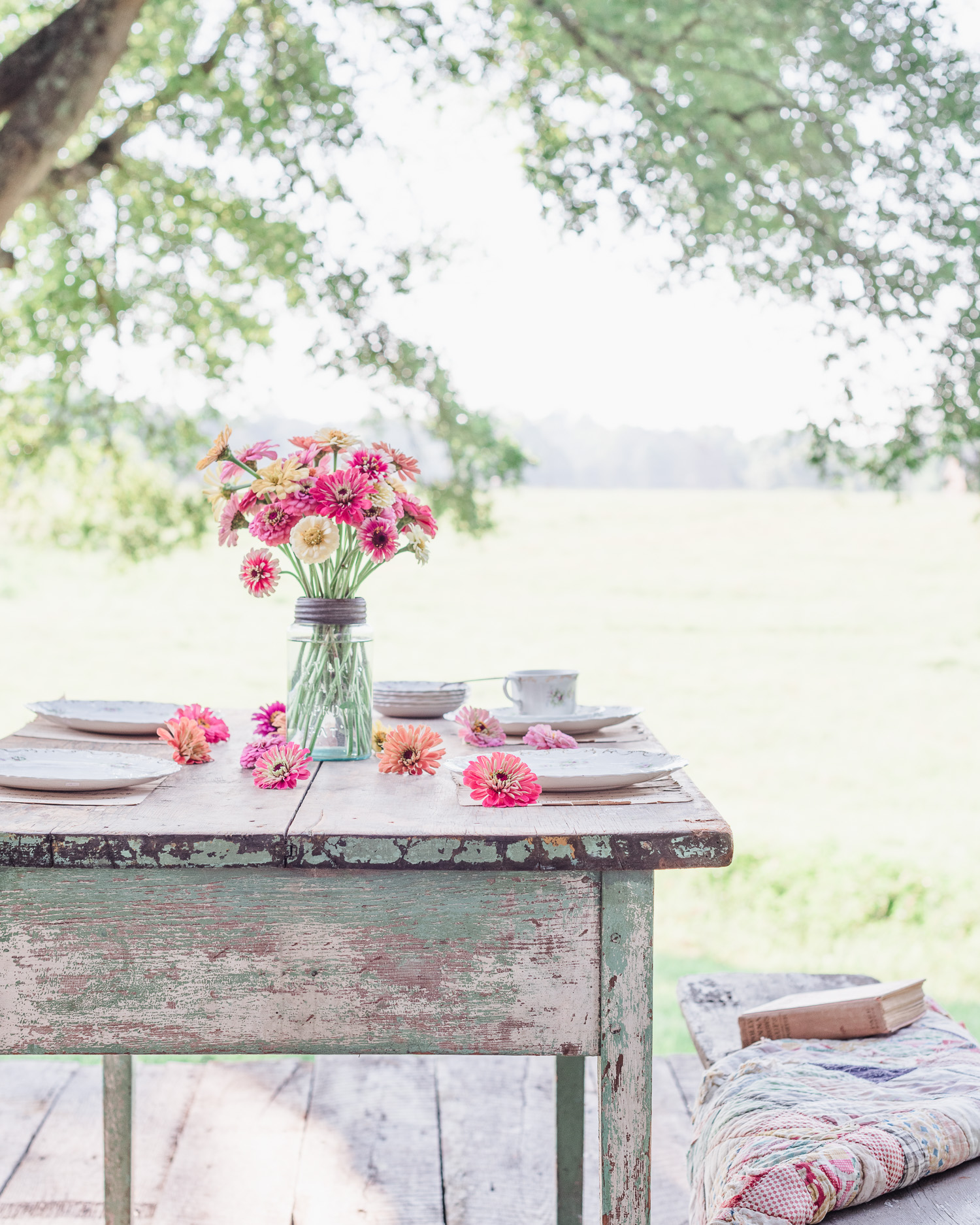 Summer Porch Table Setting. Vintage finds & zinnia's from our garden.