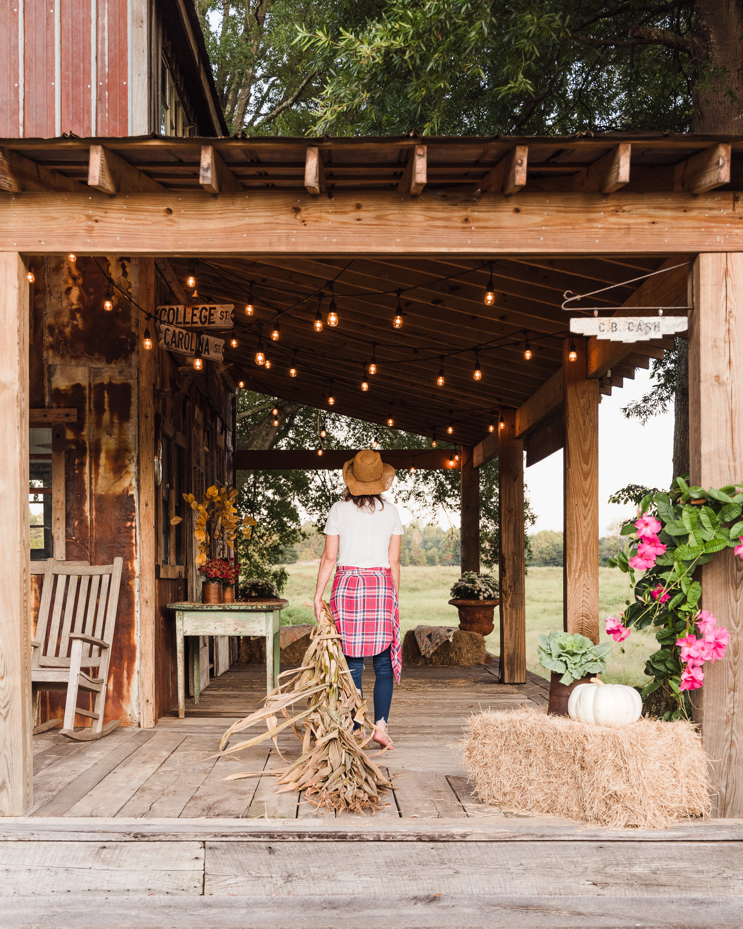 Fall Porch Decorating | Cornstalks, Hay bales