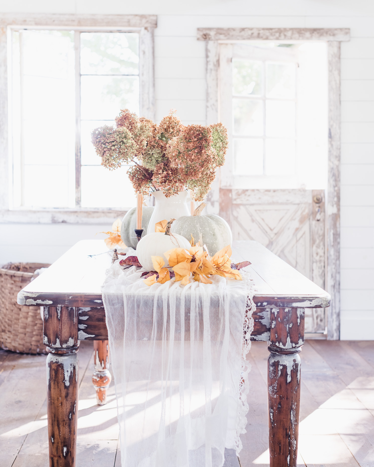 Fall Decor for your table. Dried hydrangeas, vintage, & pumpkins