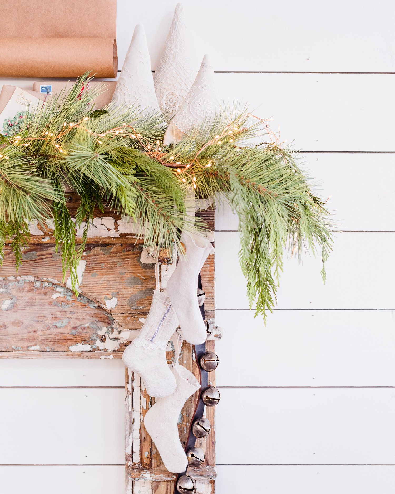 Grain Sack Stocking | Christmas Stockings and antique bells, vintage lace trees