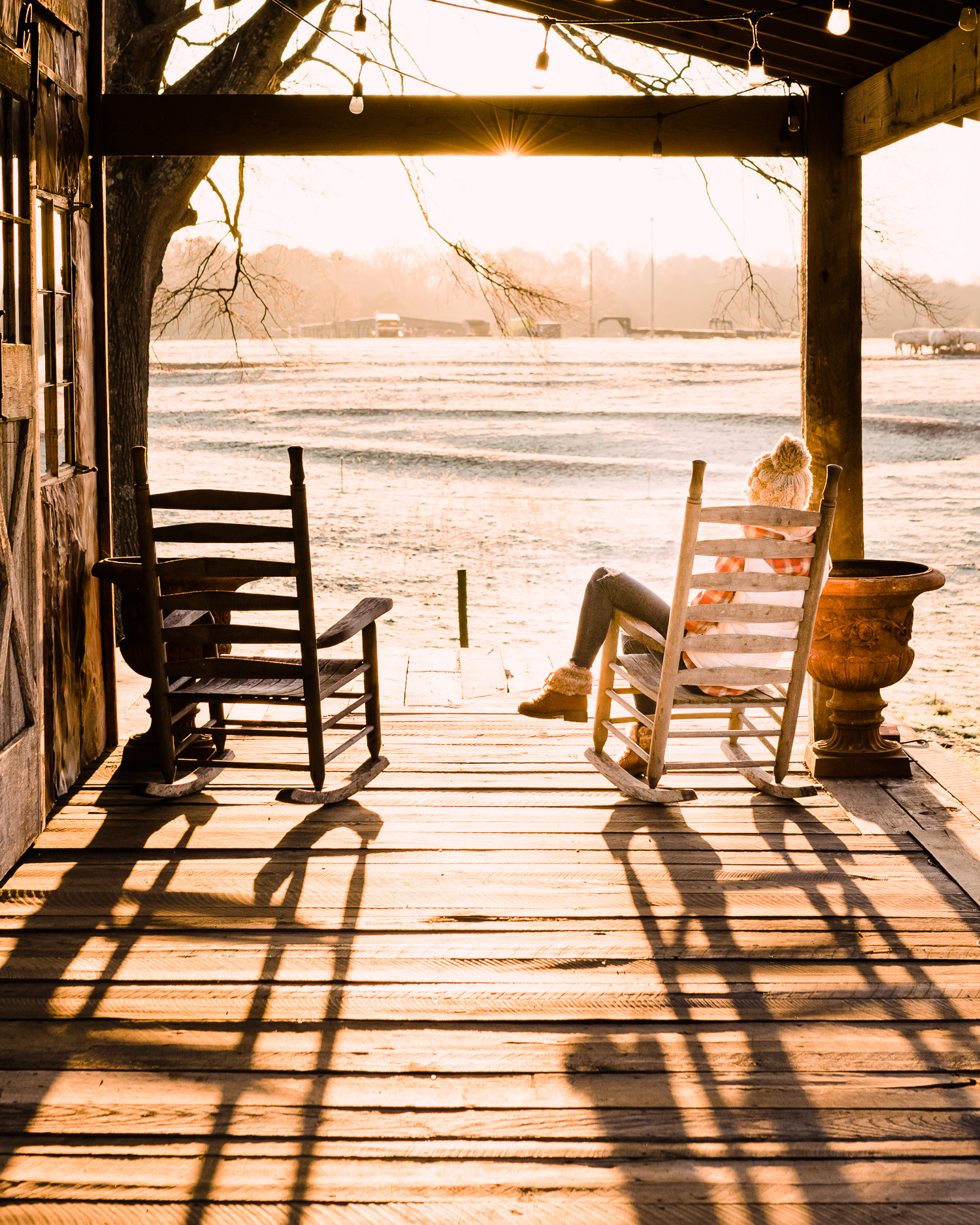 Barn porch sitting on a winter day