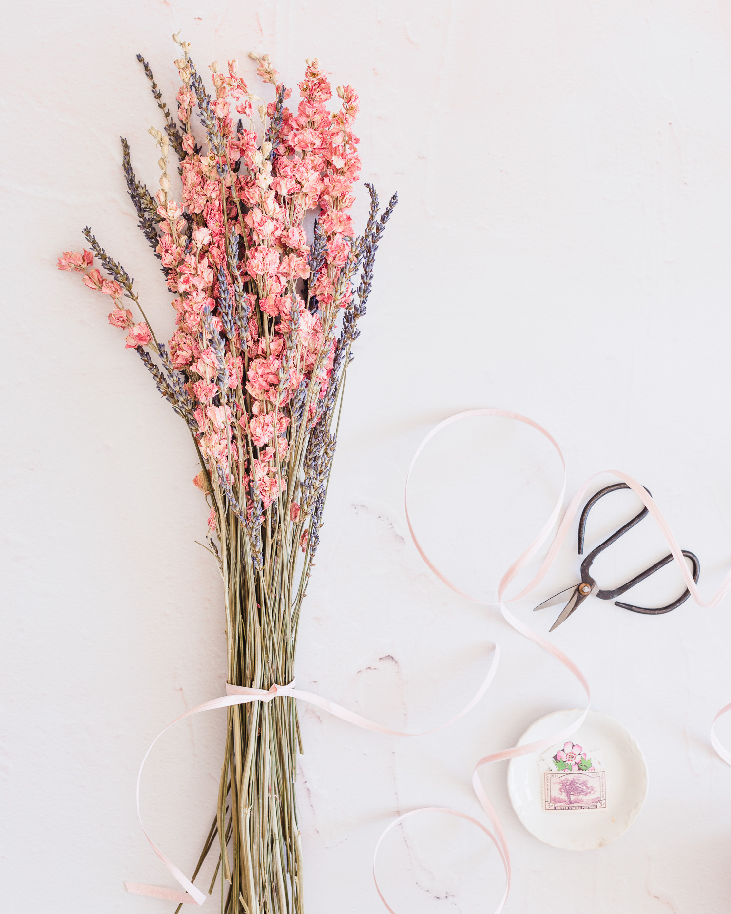 Flat Lay Photography | Dried flowers, Vintage Stamps, Ribbon, Ironstone, Scissors