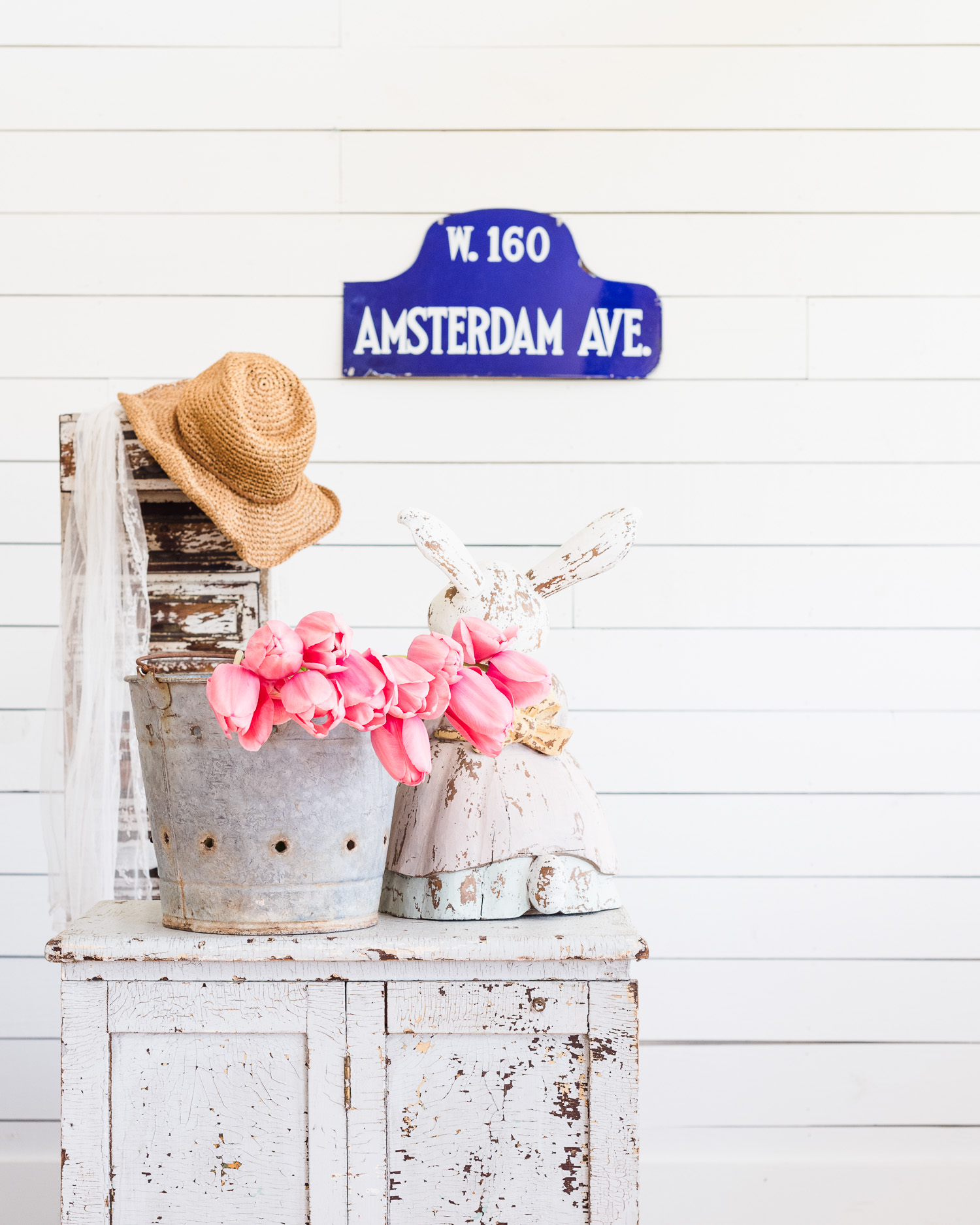 Pink Tulips in a Galvanized Antique Bucket | Wooden Easter Bunny | Antique Street Sign