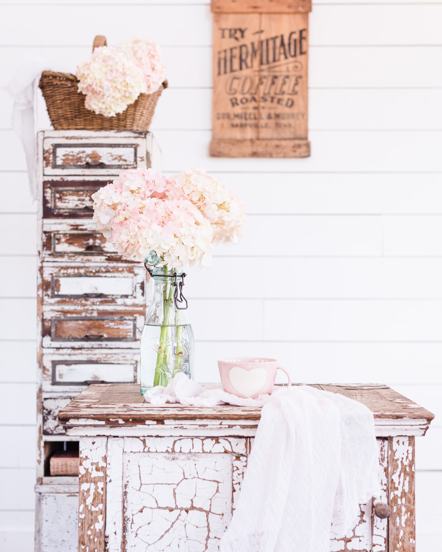 Spring Color Palette | Pink Hydrangeas, vintage French canning jar, pink heart mug