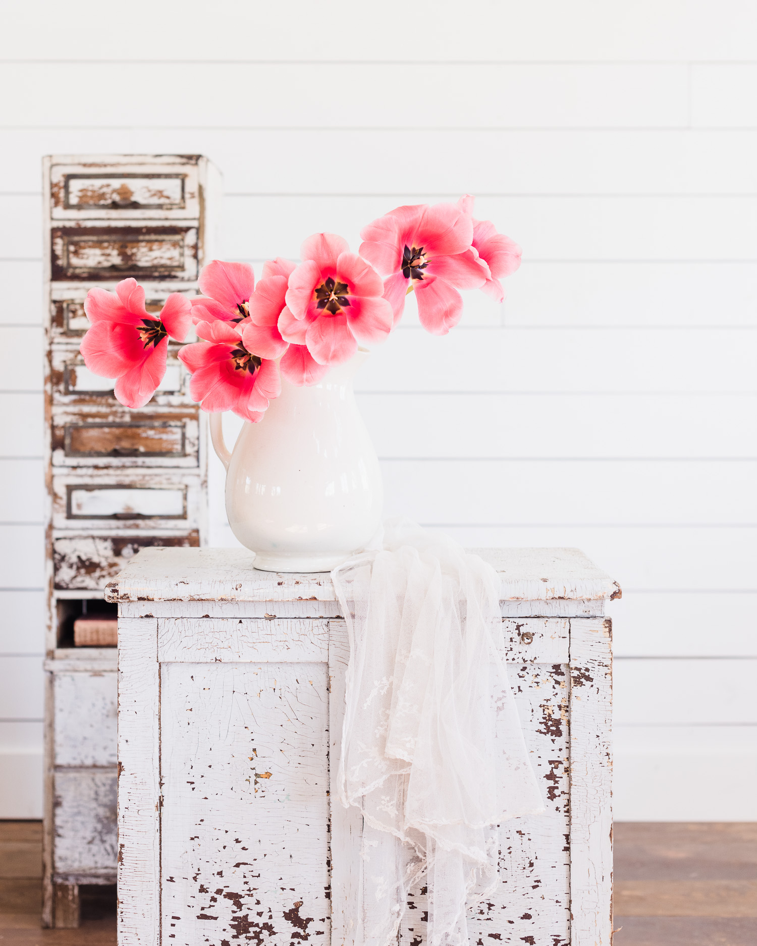 Ironstone Vase | Reflexed Pink Tulips | Vintage Lace