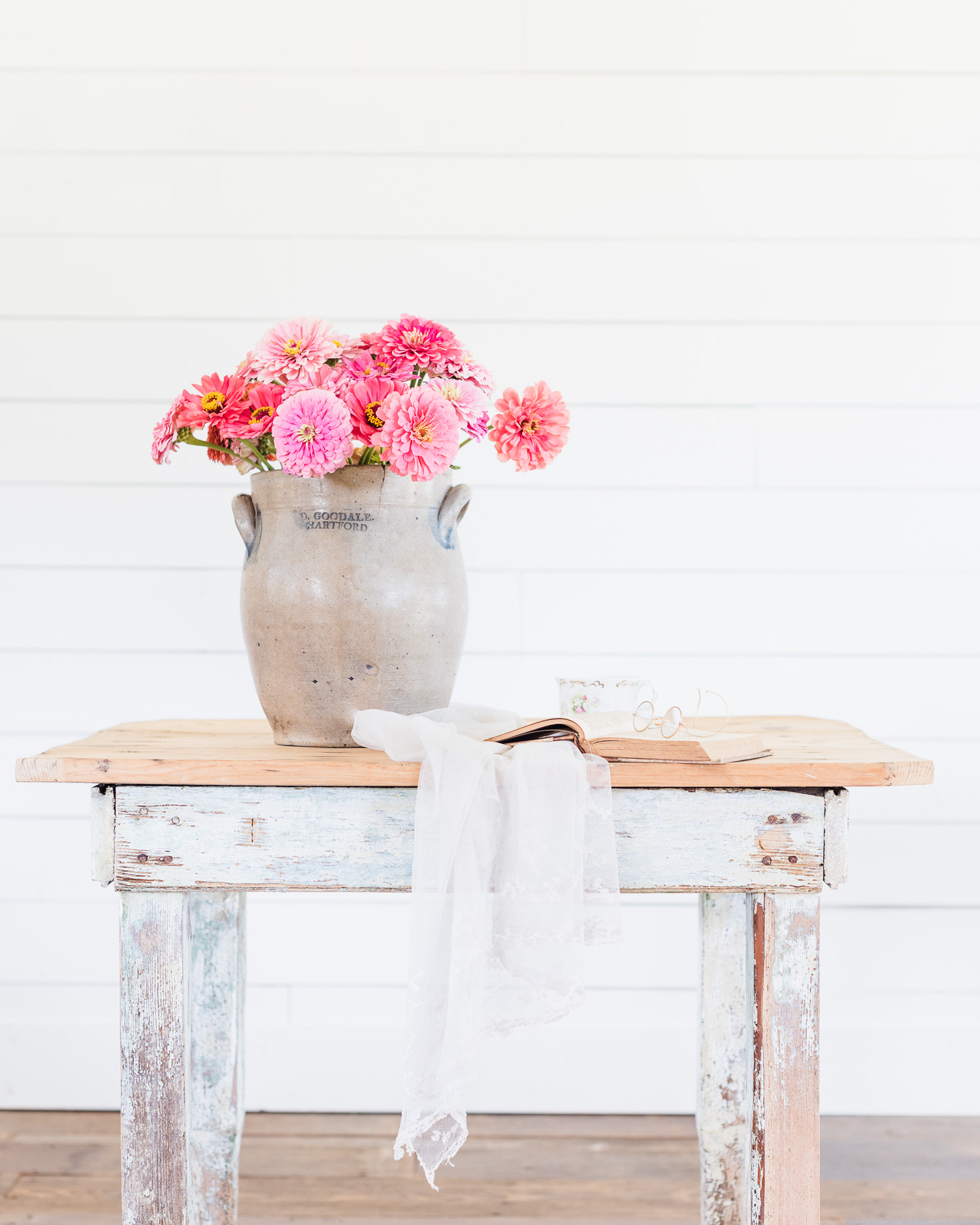 Old-timey Vintage Props | Crock filled with zinnias from the garden