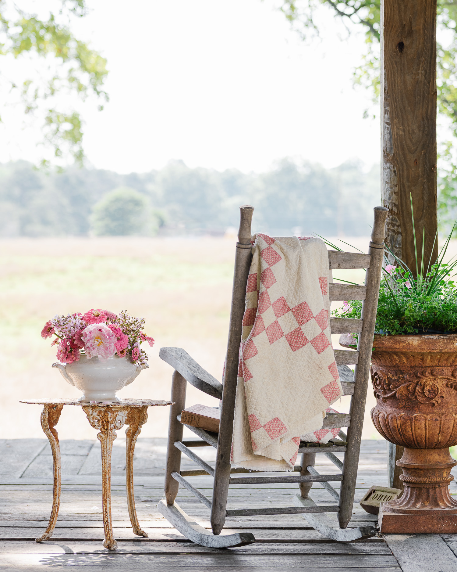 Barn Porch View, Rocking Chair, vintage table with flowers in ironstone