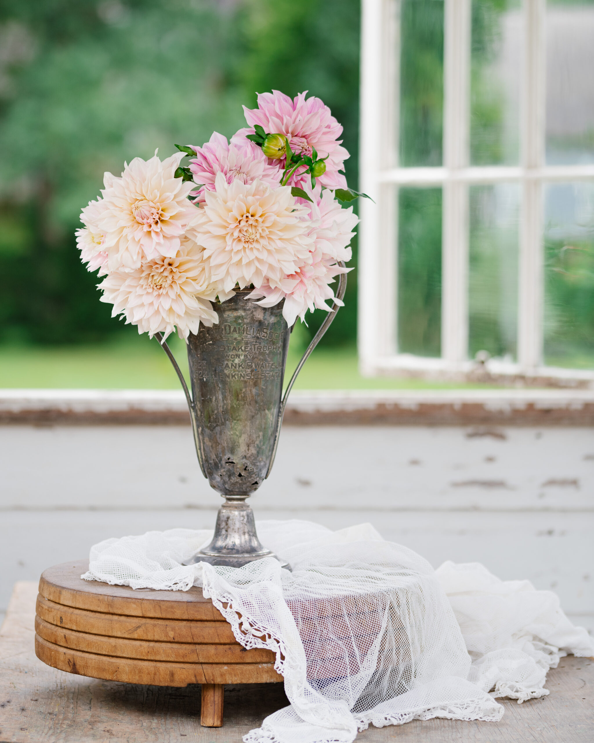 Antique Dahlia Trophy Filled With Dahlias From The Flower Garden