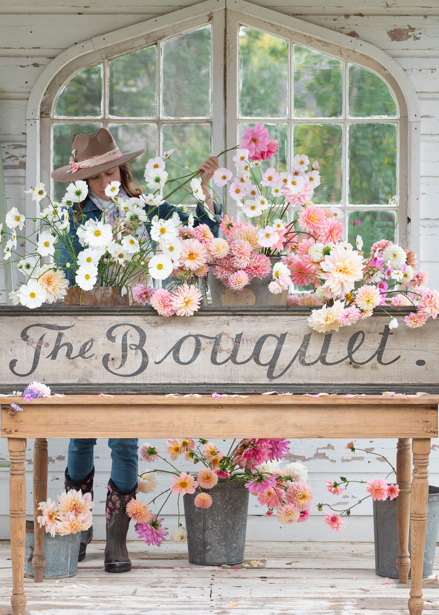 Antique Bouquet Sign | Buckets of farm fresh flowers | Dahlias & Cosmos