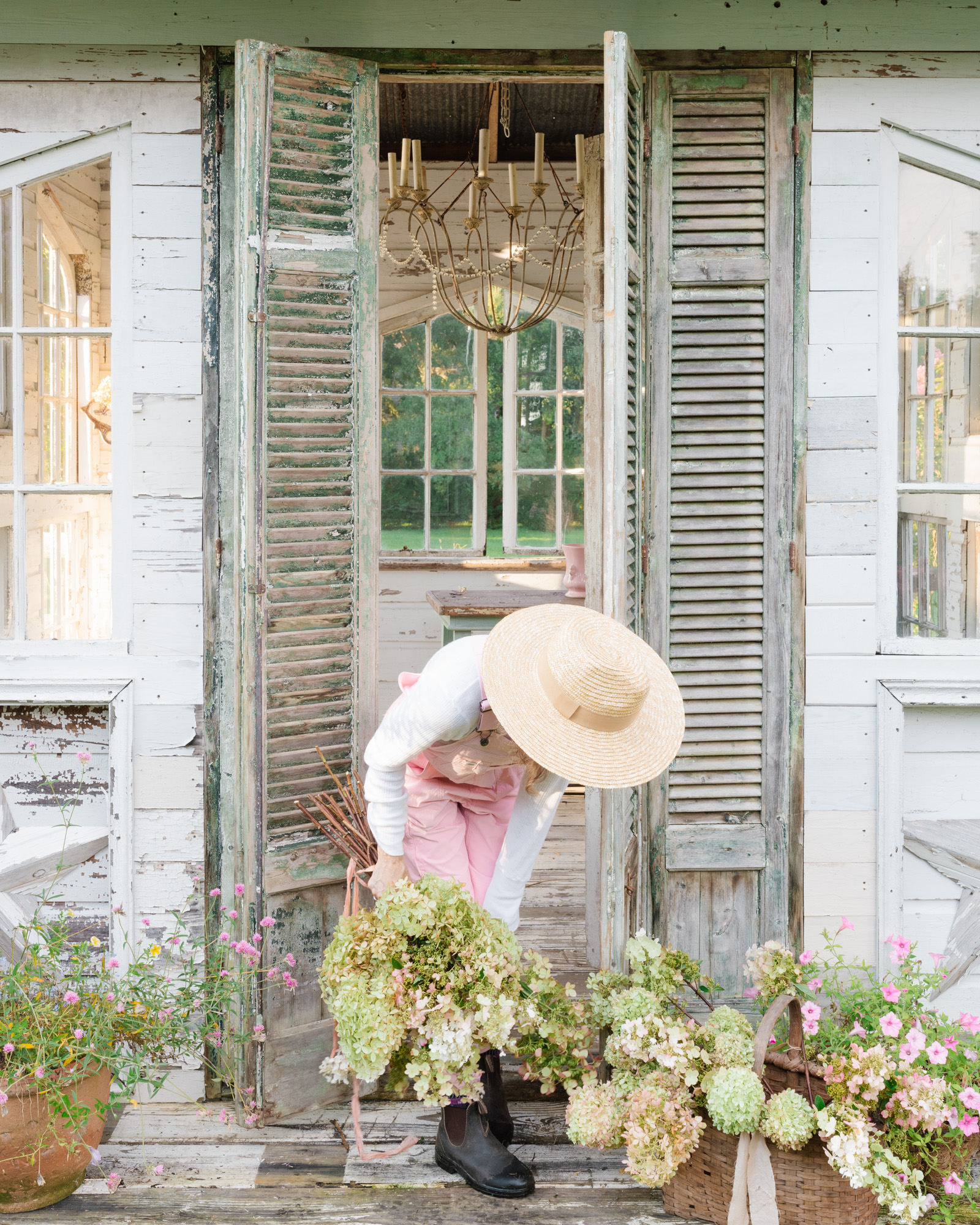The Flower House | Hydrangeas | Girl in Pink Overalls Self Portrait | The Flower House, I'm in pink overalls, hydrangeas, vintage baskets