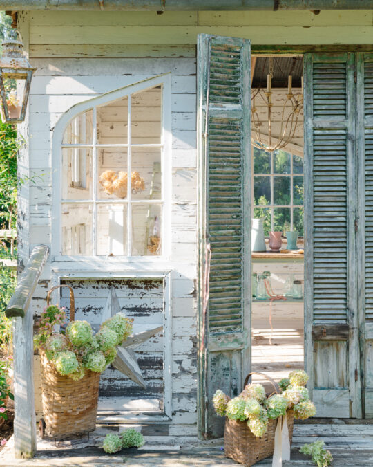 the flower house with vintage baskets and hydrangea blooms from the garden