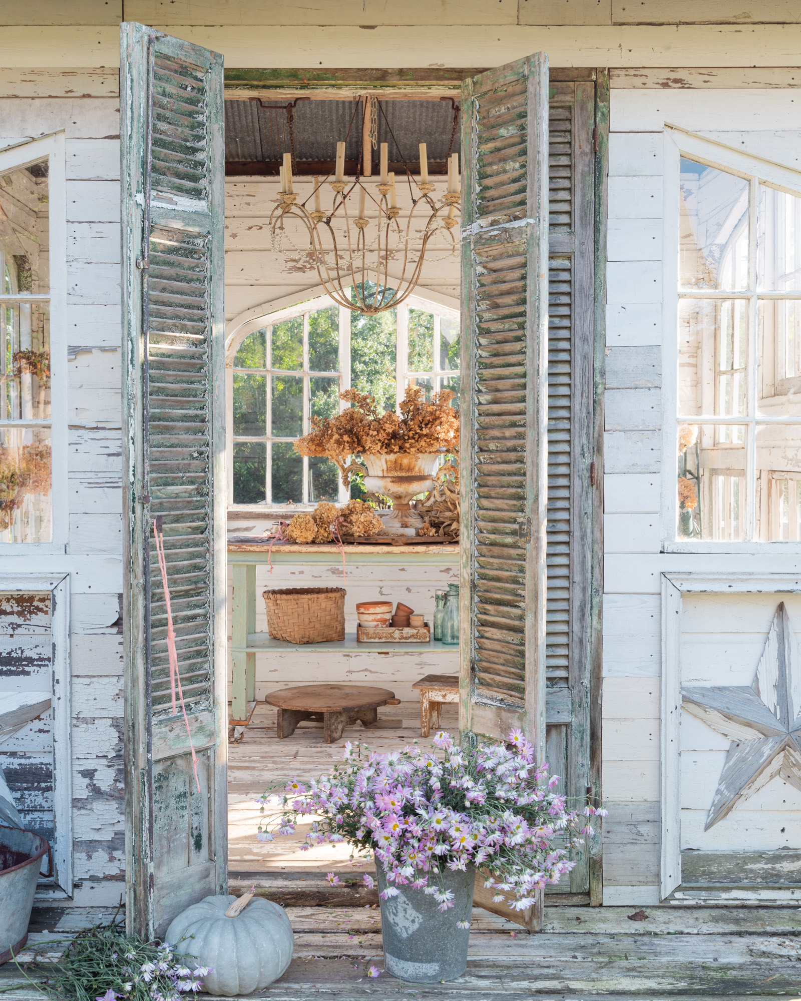 Bucket of Blooms on the porch of the flower house