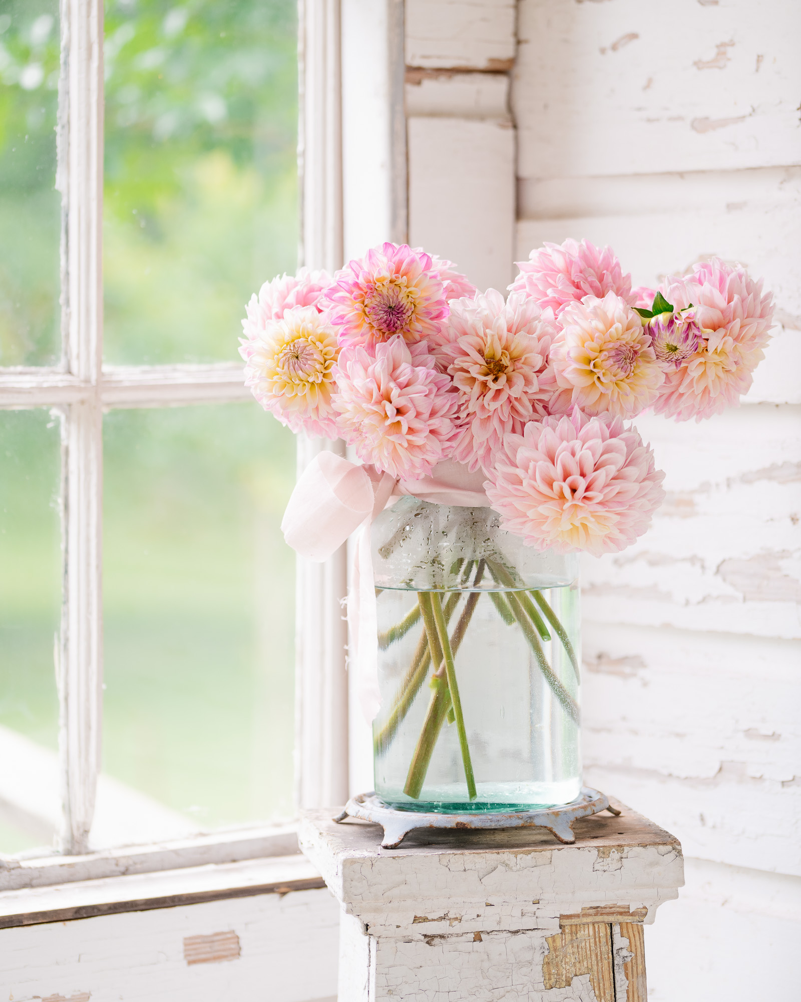 Vintage French Jar filled with dahlias