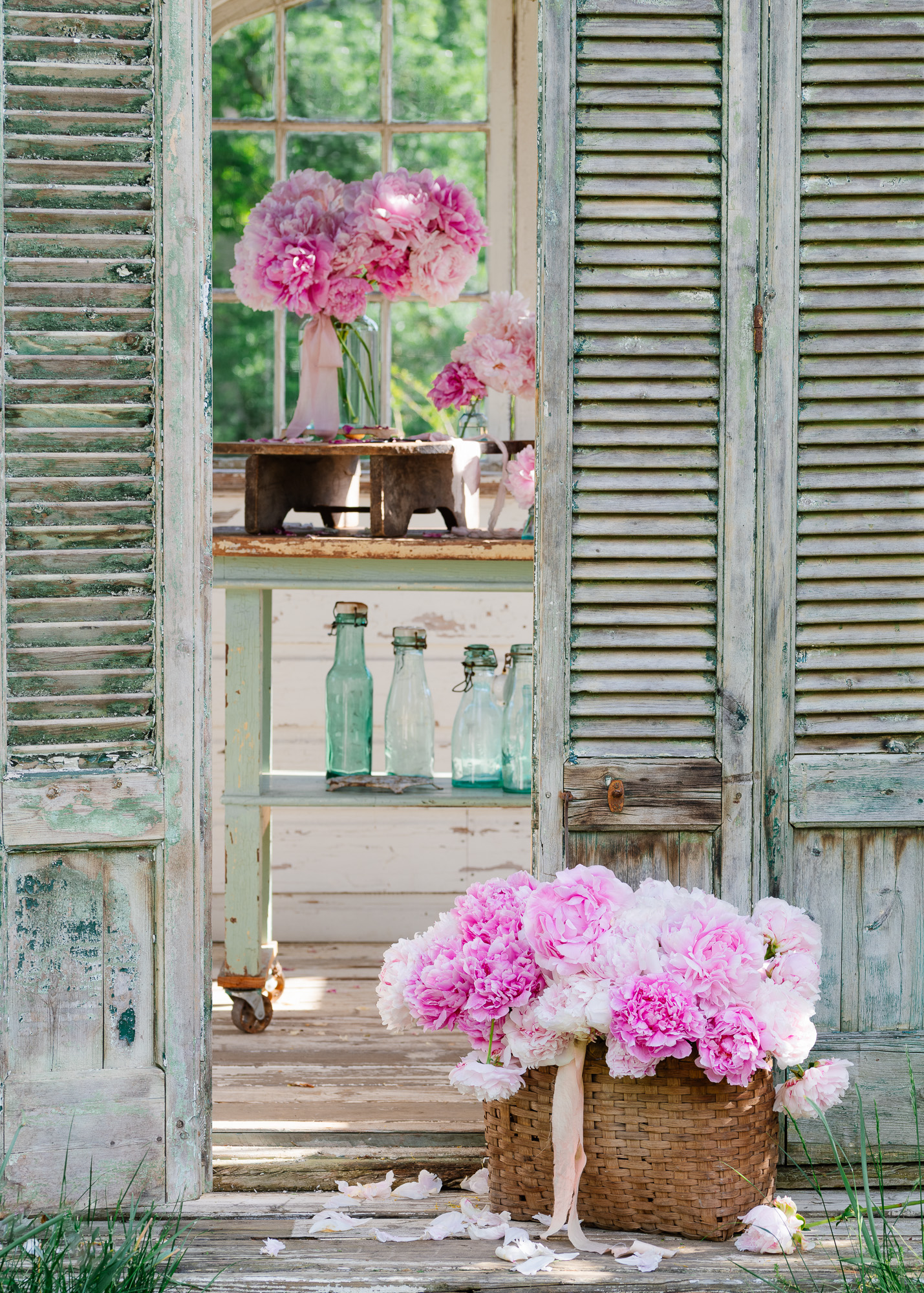 Peonies in The Flower House in Vintage Vases The Flower House | Pink Peonies | Vintage Vases