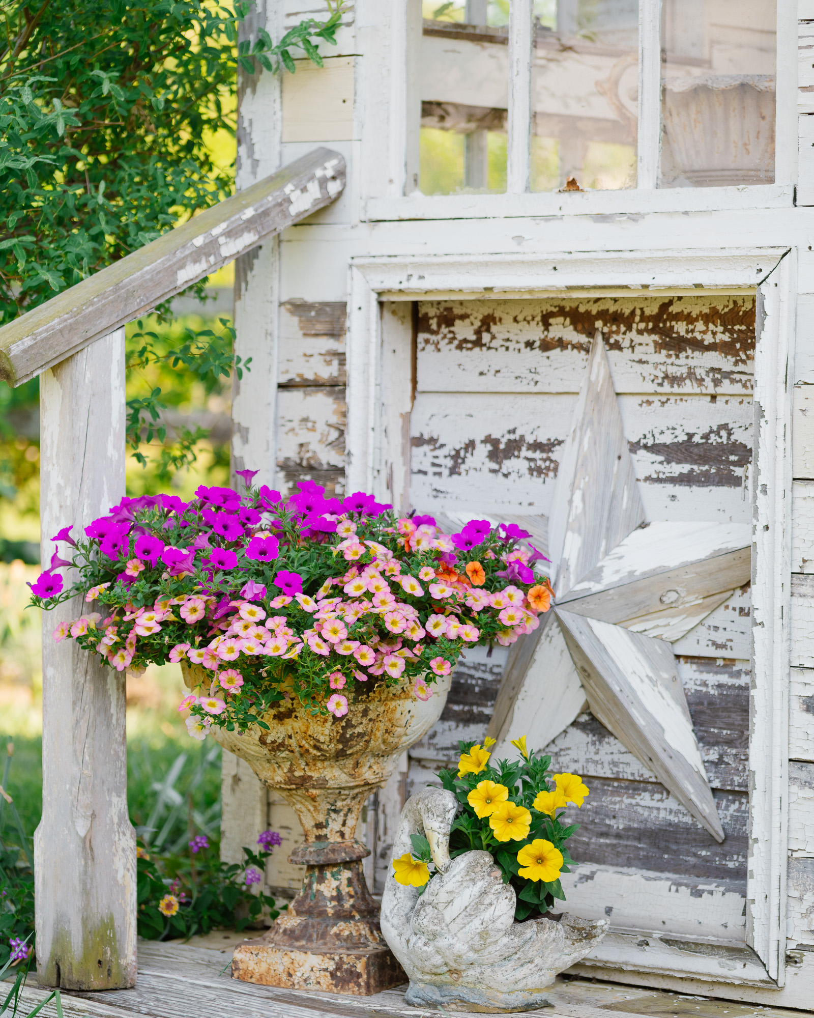 vintage urn filled with spring flowers and a vintage swan planter filled with yellow flowers Southern Flower Garden | The Stories A Garden Keeps