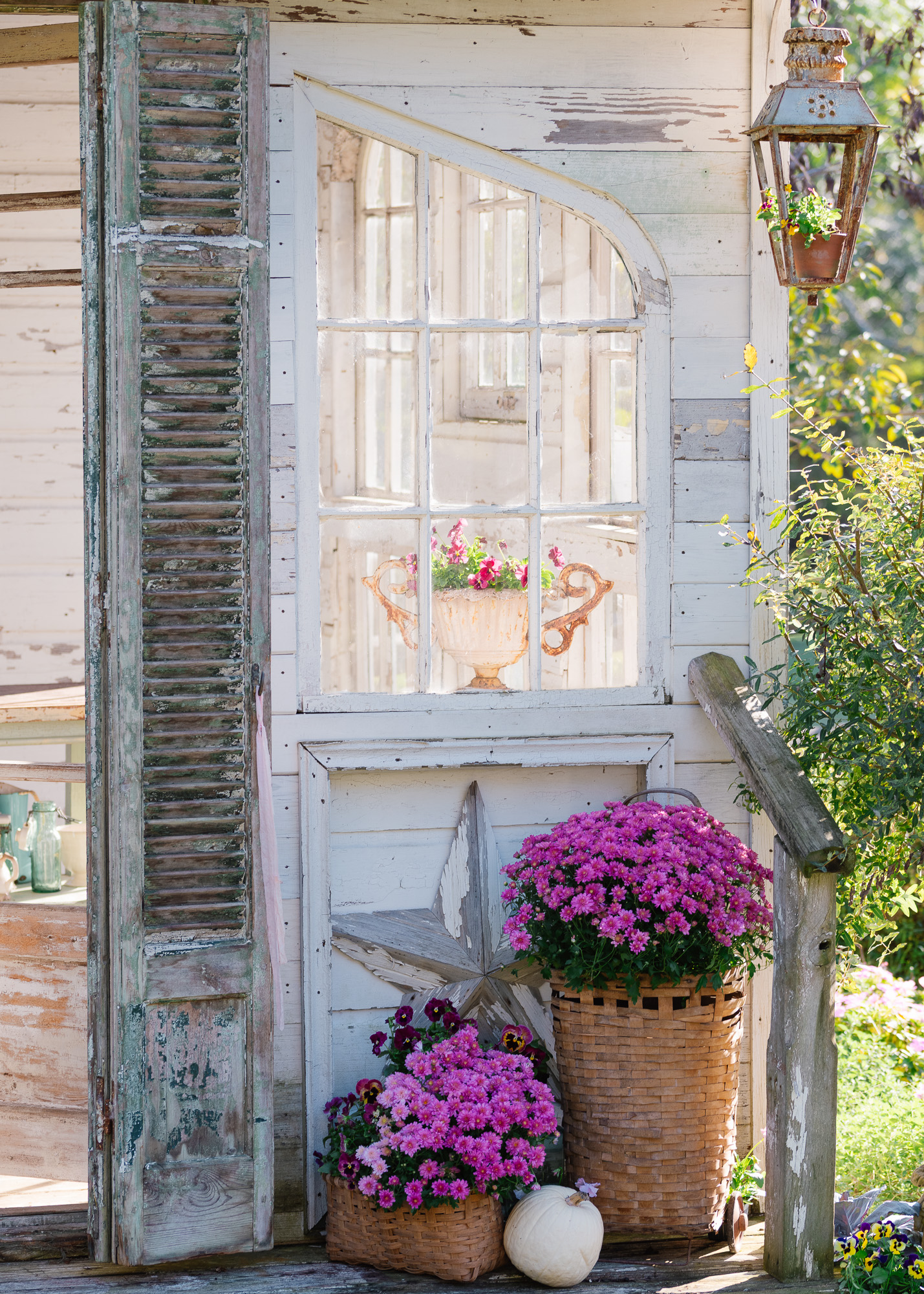 Pink pansies and fall mums in vintage baskets on the Flower House porch.